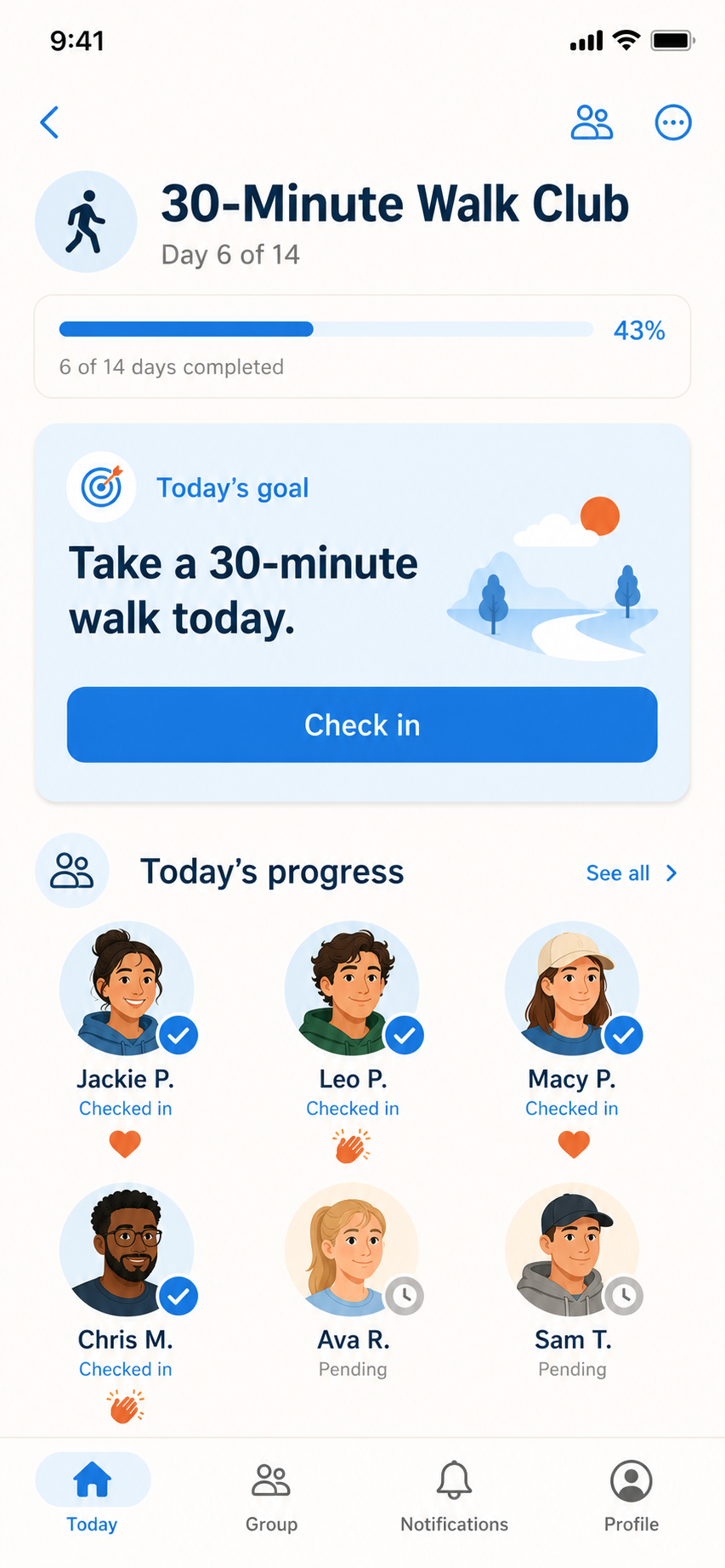 Concept illustration of a group challenge with shared check-ins and cheers