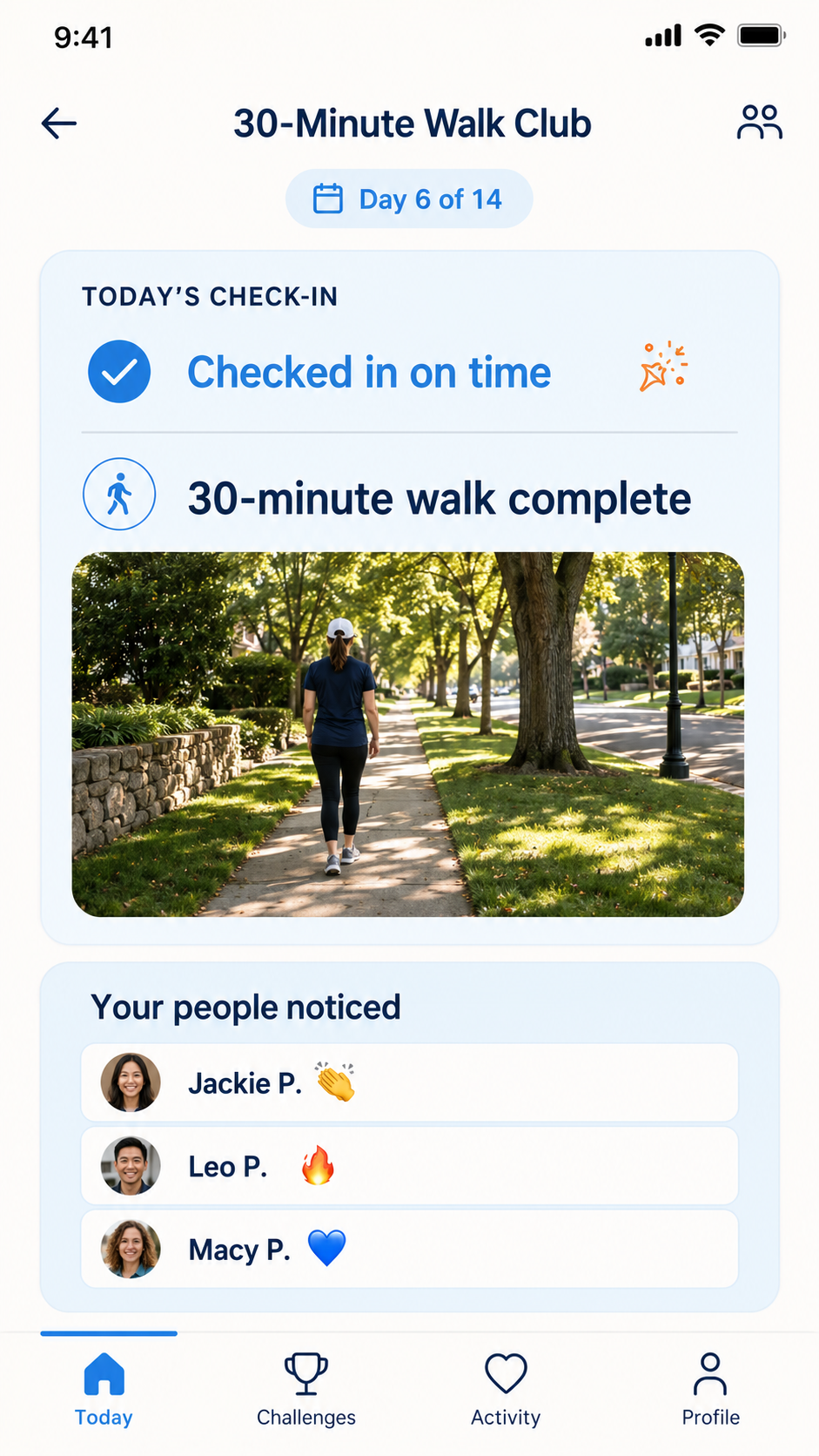 Concept illustration of a completed walk check-in and encouragement from challenge members