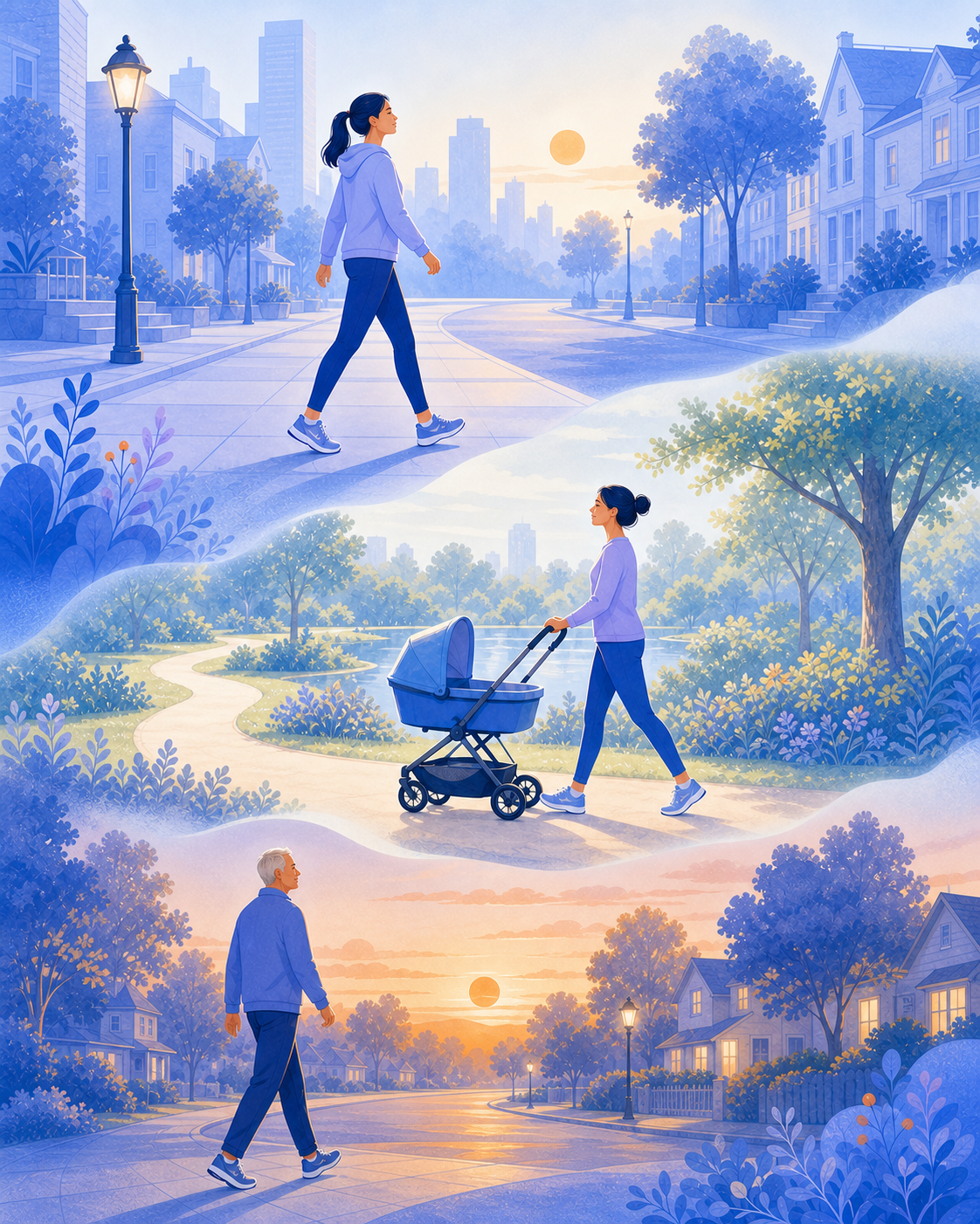 Three people completing the same walking challenge individually in the morning, daytime, and evening